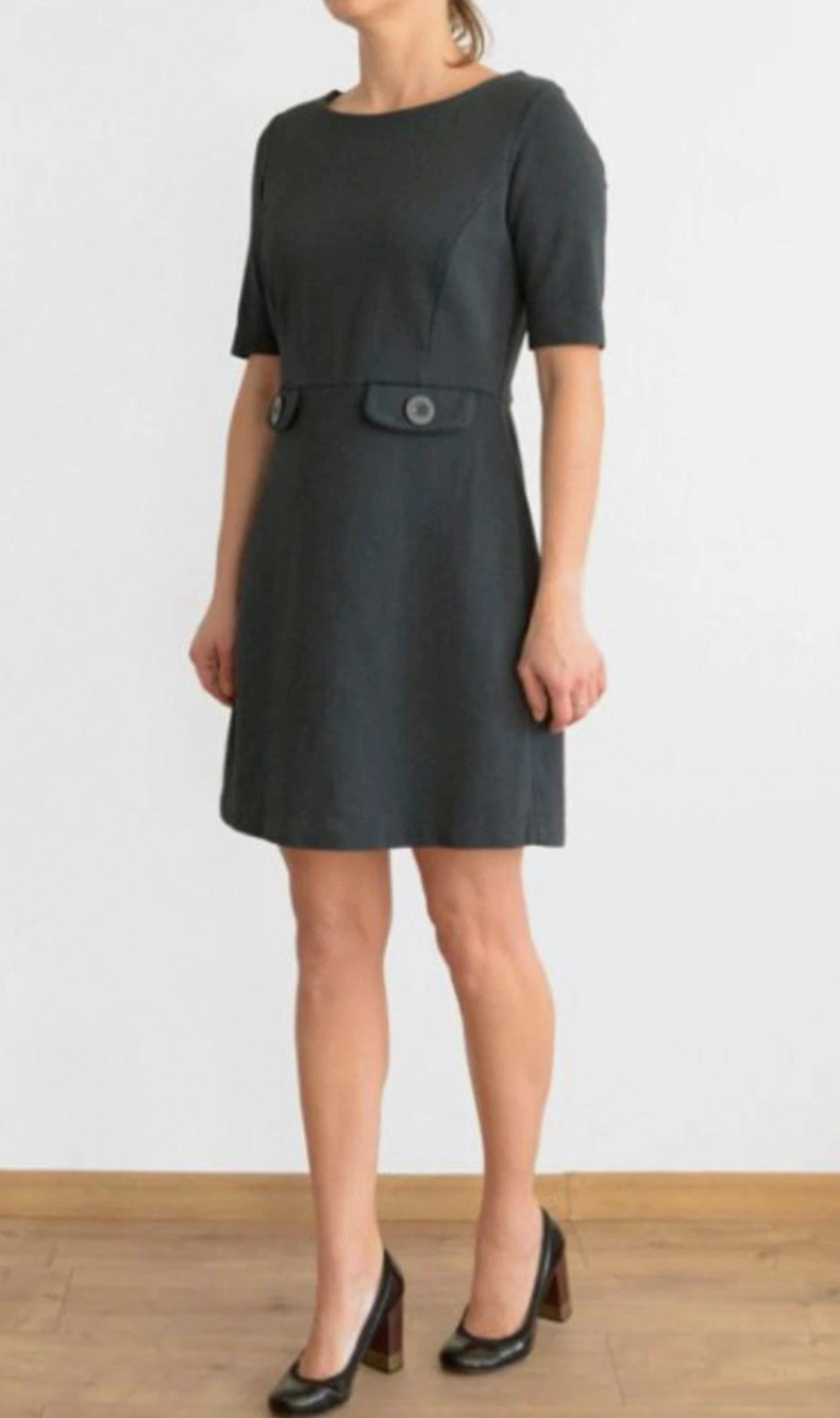 Boden Audrey Ponte Sheath Faux Pocket Button Short Sleeve Black Dress Size 10L